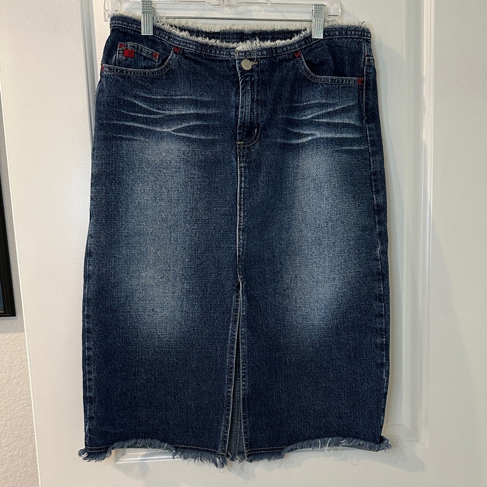 Paris Blues 11 Dark Wash Denim Midi Skirt - Frayed Hem